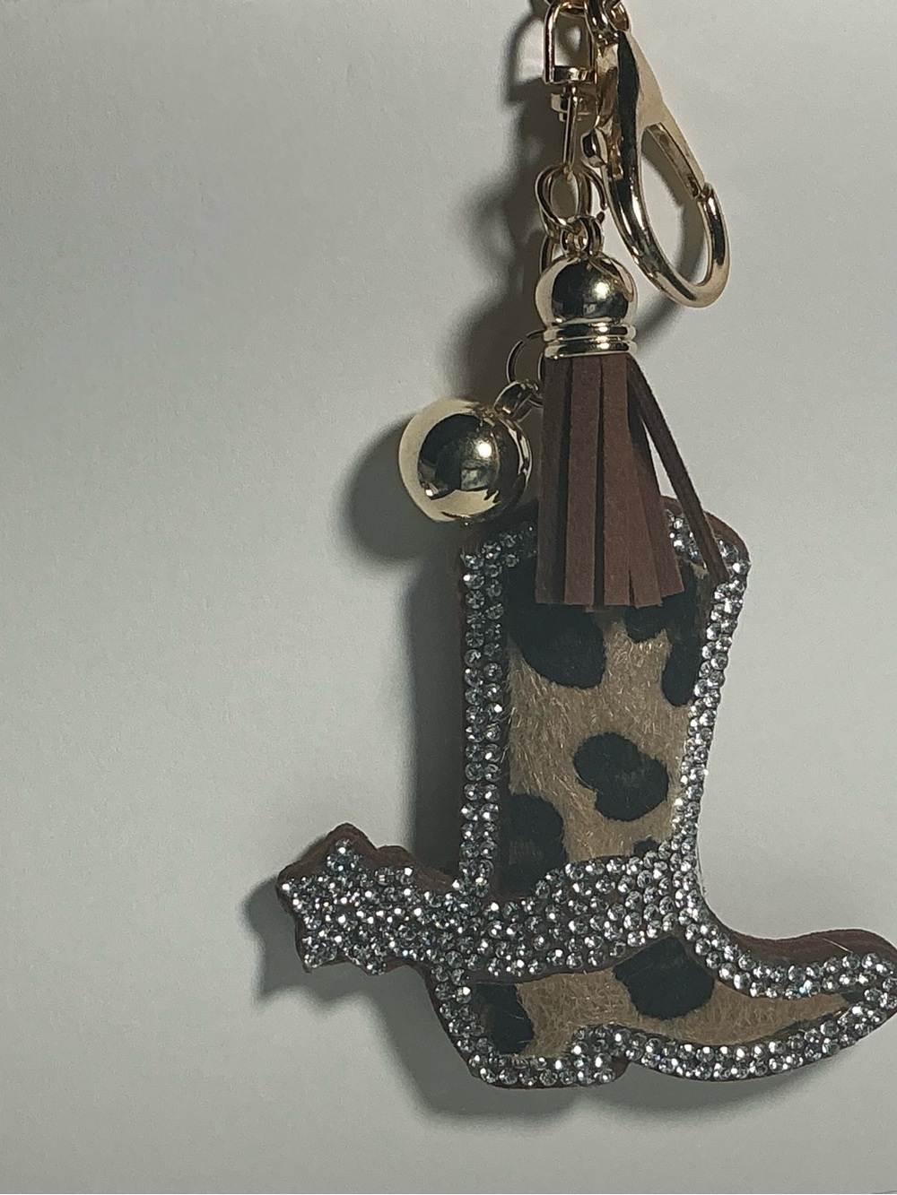 Leopard Print Cowboy Boot Bag Charm with Brown Tassel